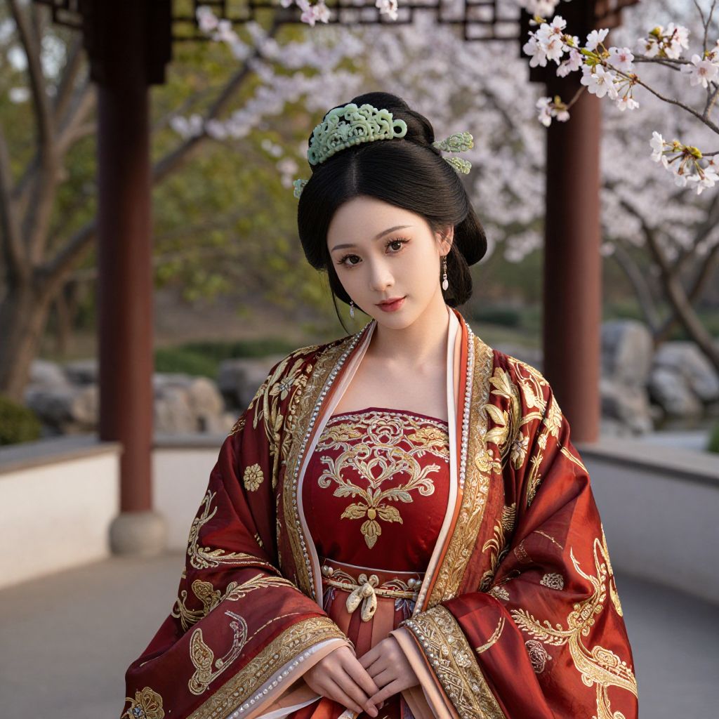 Elegant Woman in Traditional Chinese Hanfu with Cherry Blossoms