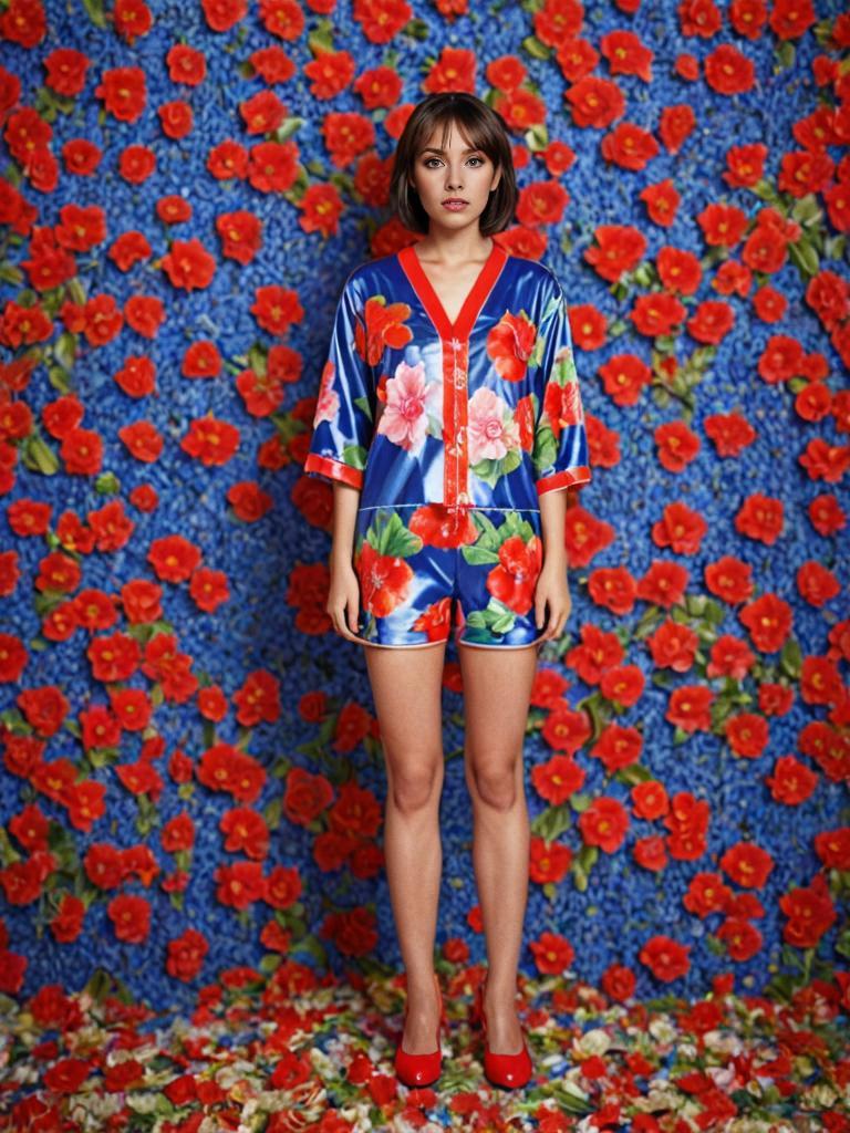 Confident Woman in Floral Outfit Against Vibrant Background