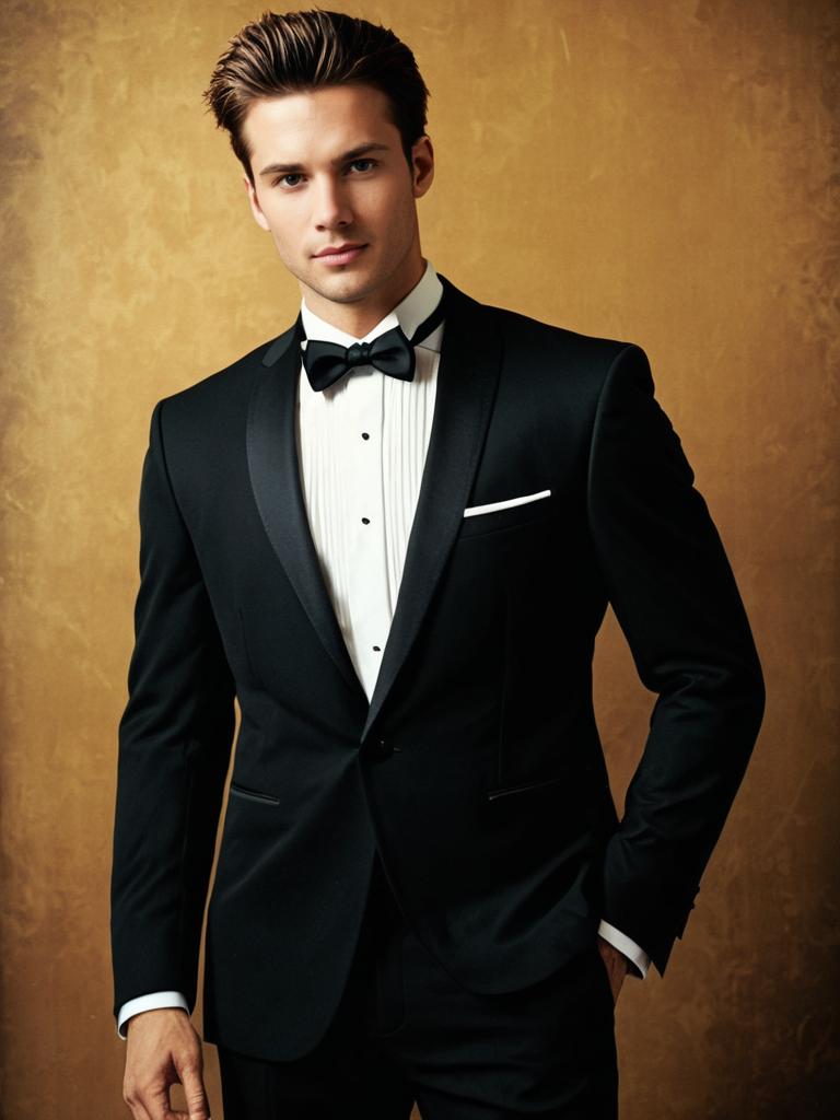Man in Elegant Wedding Tuxedo Wearing Classic Black Suit and Bow Tie