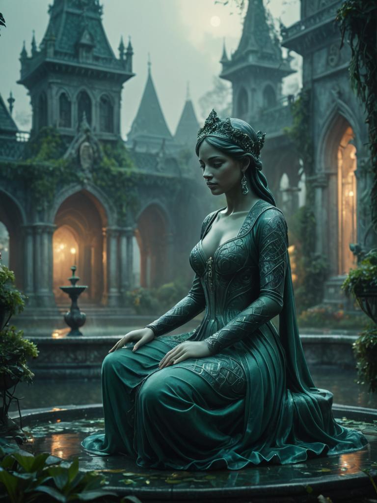 Artistic Kneeling Woman Statue in Serene Garden