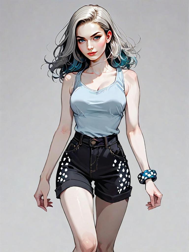 Realistic Digital Art of Woman in Casual Outfit with Silver Hair and Black Shorts
