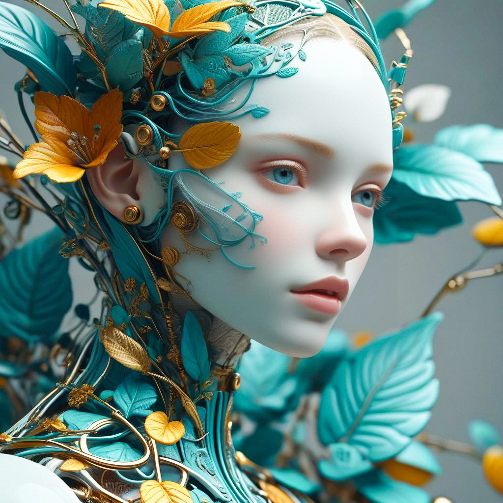 Surreal Portrait of Woman with Turquoise and Gold Botanical Elements