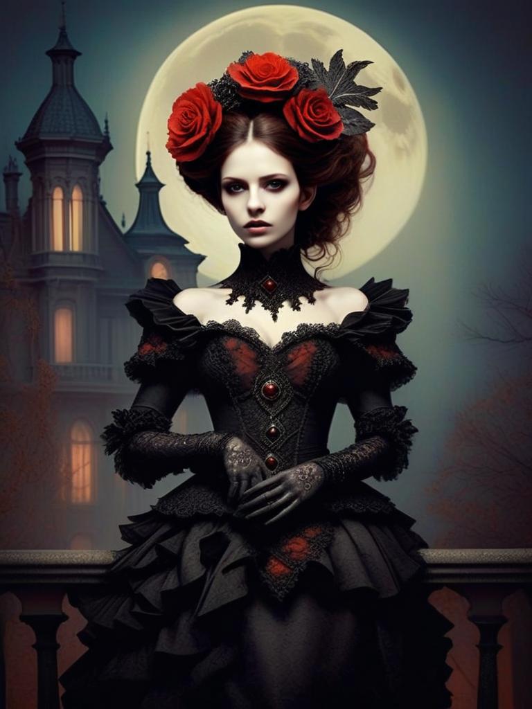 Elegant Gothic Victorian Woman with Red Roses