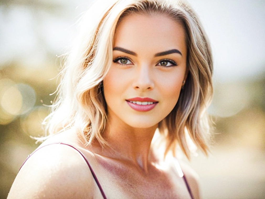 Portrait of a Confident Woman with Blonde Hair and Green Eyes