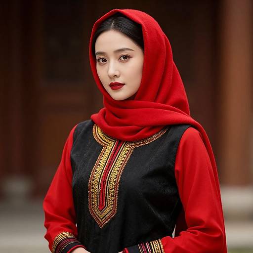 Woman in Red Hijab with Traditional Embroidered Dress