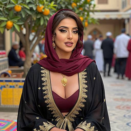 Elegant Woman in Traditional Middle Eastern Dress with Maroon Headscarf