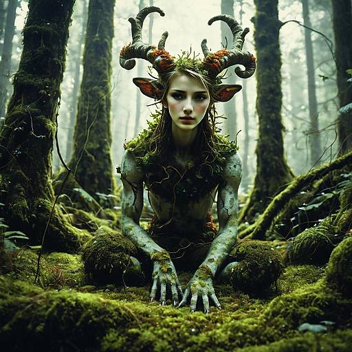 Mystical Woman with Antlers in Mossy Forest Fantasy Scene