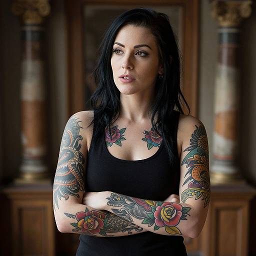 Confident Tattooed Woman with Floral and Mythical Ink Art