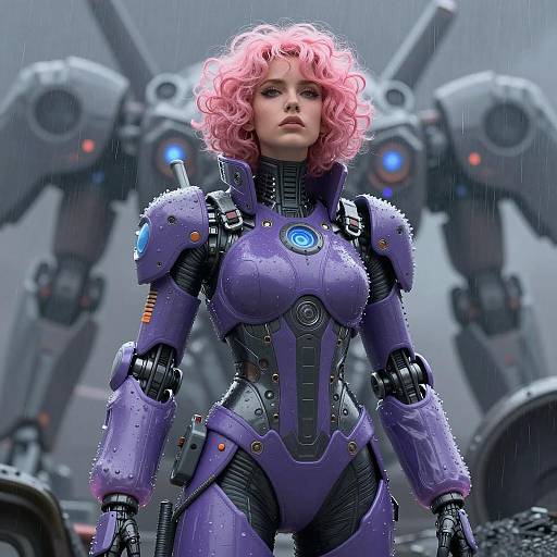 Kawaii Sci-Fi Space Opera Woman with Pink Hair in Purple Cybernetic Suit