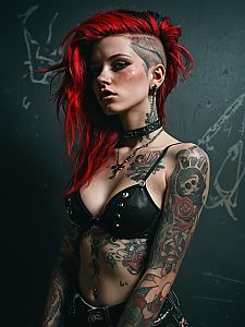 Edgy Woman with Red Hair and Full Sleeve Tattoos in Leather Outfit