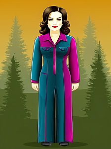 Confident Woman in Color-Blocked Jumpsuit Against Stylized Forest