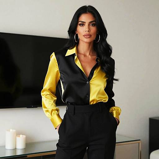 Stylish Woman in Black and Yellow Satin Shirt with Black Pants Indoor Fashion