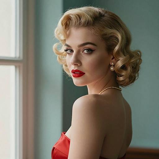 Vintage 1950s Glamour Portrait of Woman with Blonde Curls and Red Dress