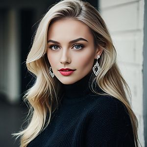Elegant Blonde Woman in Black Turtleneck with Silver Earrings Portrait