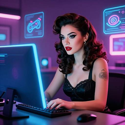Stylish Woman Working at Computer in Neon Cyberpunk Workspace