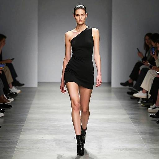 Confident Woman in Black Asymmetrical Mini Dress on Runway Fashion Show