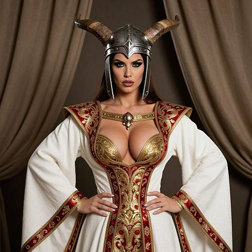 Medieval Warrior Woman in Ornate Gold and Red Costume with Horned Helmet