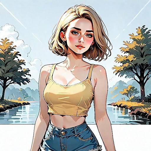 Anime Style Illustration of Young Woman in Yellow Crop Top by Water