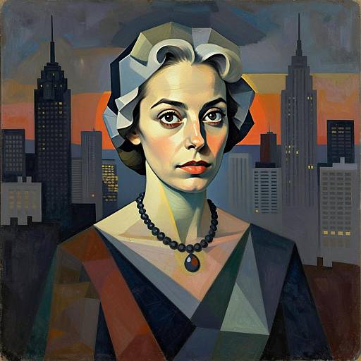 Cubist Style Portrait of a Woman with Urban Sunset Background