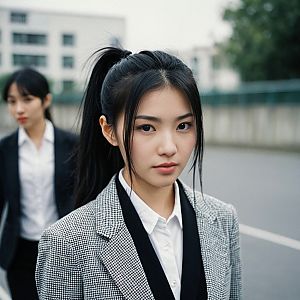 Young Woman in Checkered Blazer with Calm Expression