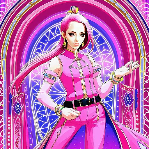Confident Woman in Futuristic Pink Outfit with Mystical Anime Background