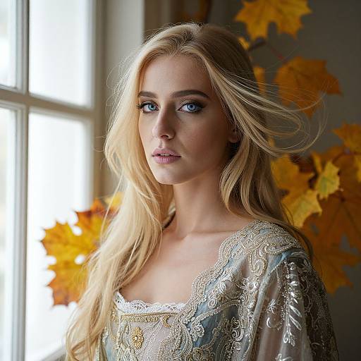 Blonde Woman in Vintage Embroidered Gown by Autumn Window