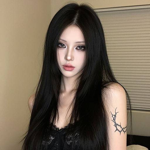 Portrait of Woman with Long Black Hair and Thorn Tattoo