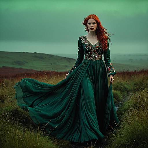 Red-Haired Woman in Embroidered Green Gown in Moody Landscape