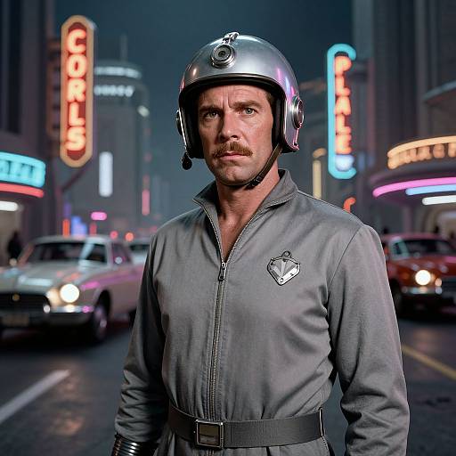 Retro Futuristic Man with Helmet on Neon City Street