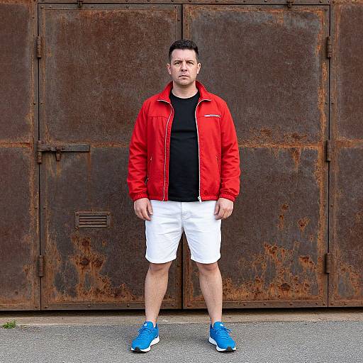 Man in Red Jacket and White Shorts Standing Against Rusty Metal Door