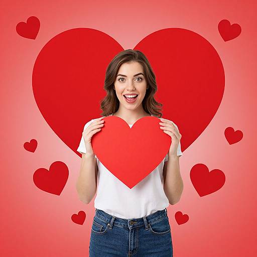 Happy Young Woman Holding Large Heart on Red Valentine Background