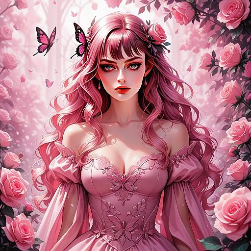 Enchanting Pink-Haired Woman in Floral Fantasy Digital Illustration