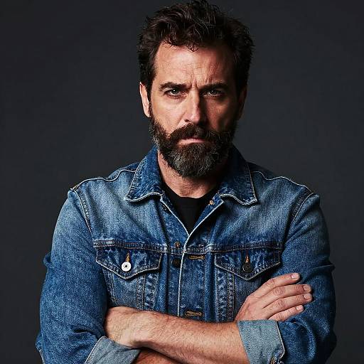 Serious Man Wearing Denim Jacket with Arms Crossed Portrait