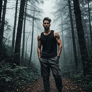 Muscular Man on Misty Forest Path