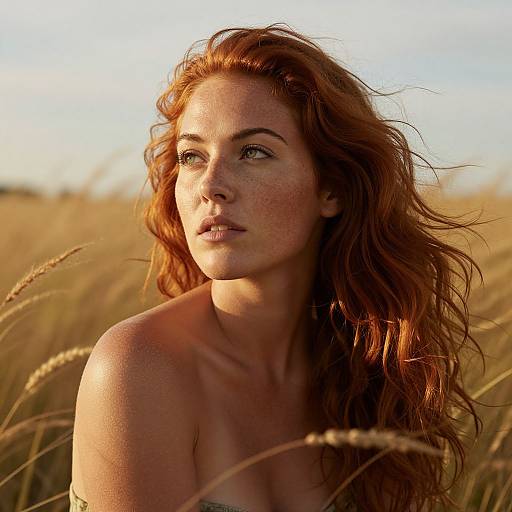 Portrait of Red-Haired Woman in Wheat Field at Sunset