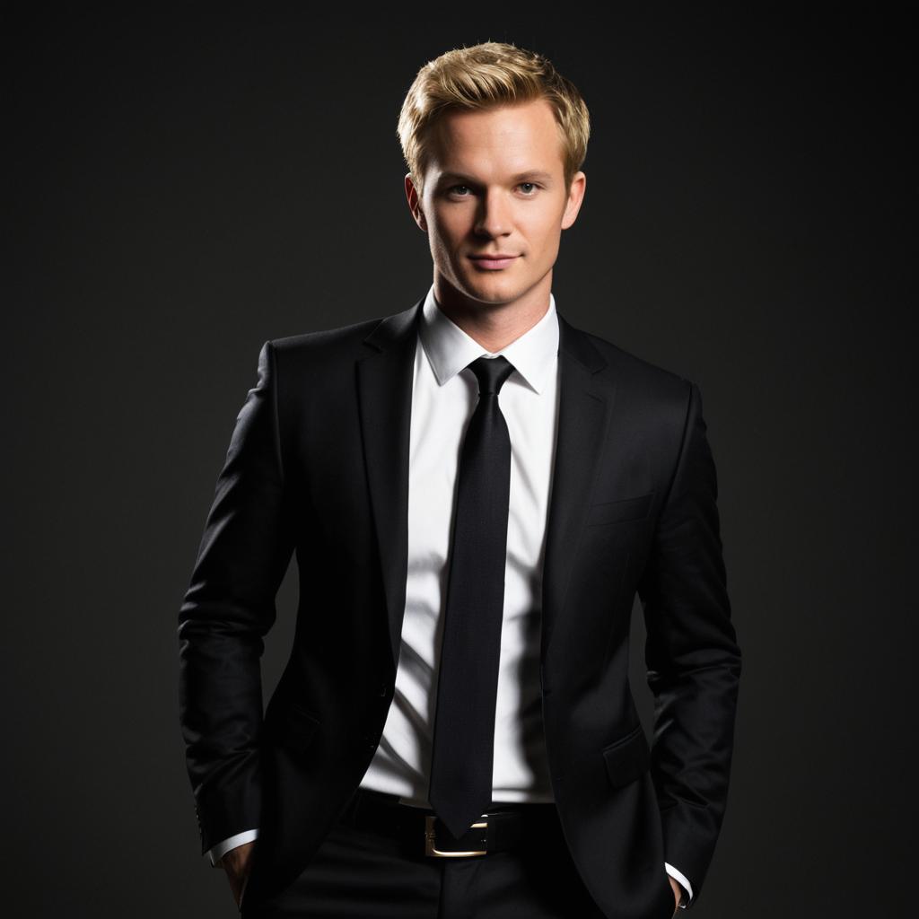 Confident Young Man in Black Suit and Tie Realistic Portrait