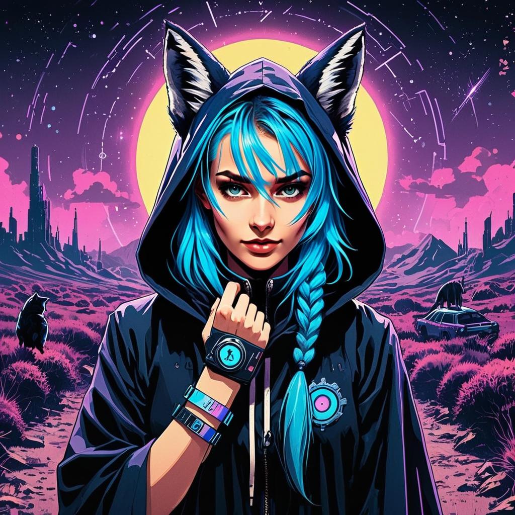 Cyberpunk Woman with Blue Hair and Wolf Ears Digital Art