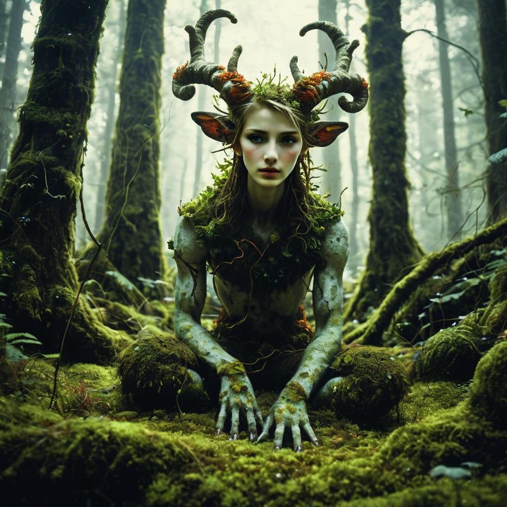 Mystical Woman with Antlers in Mossy Forest Fantasy Scene