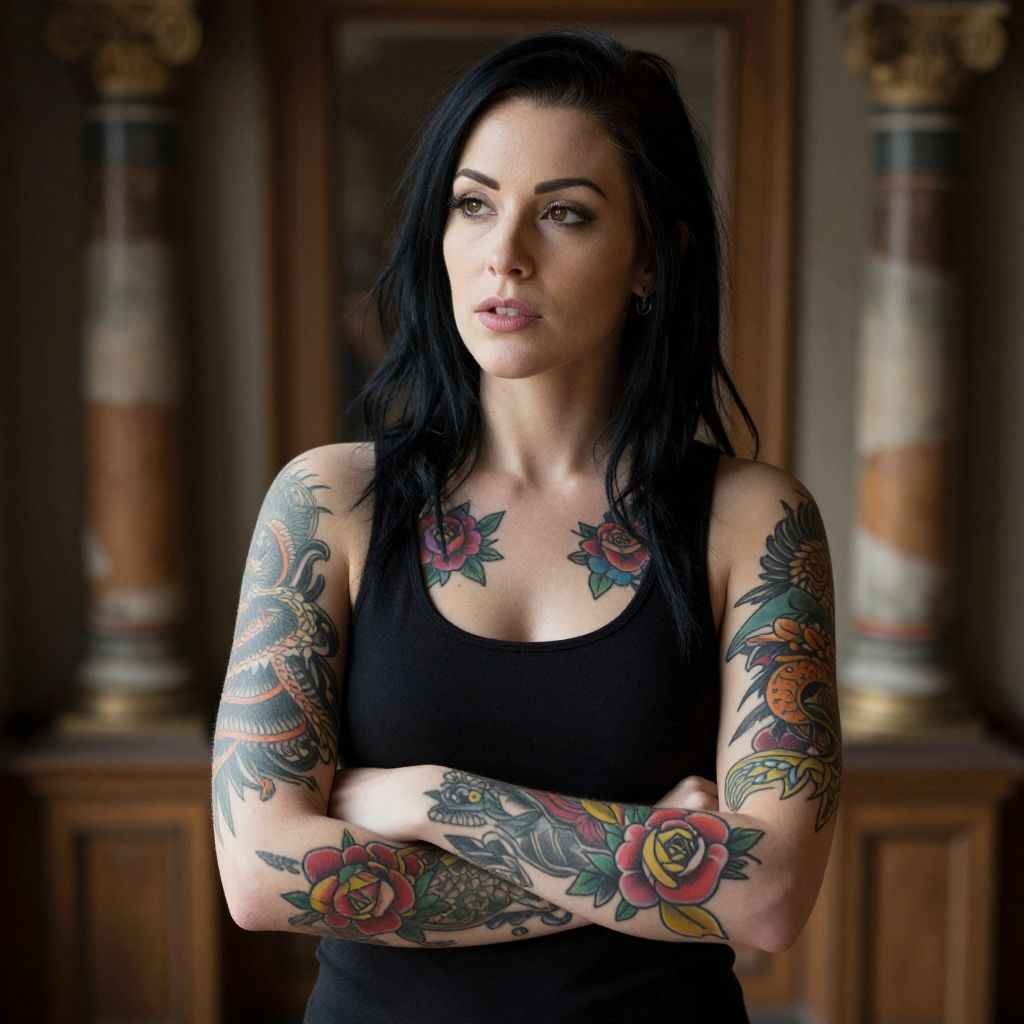 Confident Tattooed Woman with Floral and Mythical Ink Art