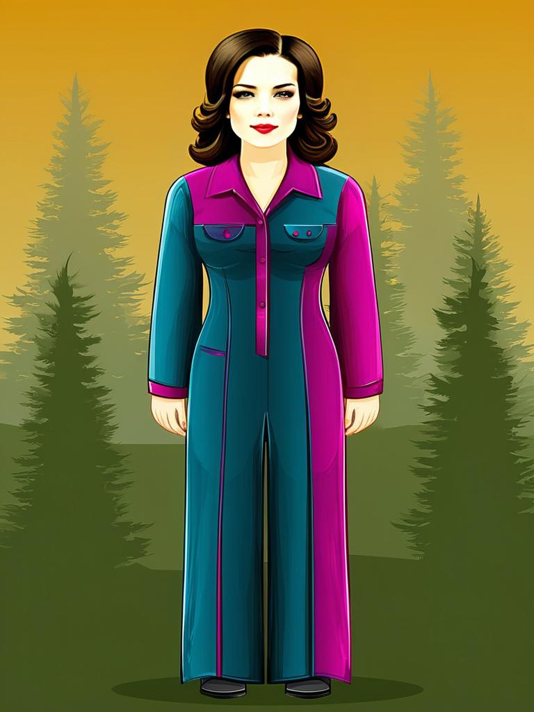 Confident Woman in Color-Blocked Jumpsuit Against Stylized Forest