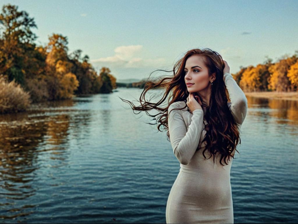 Woman by Serene River at Sunset