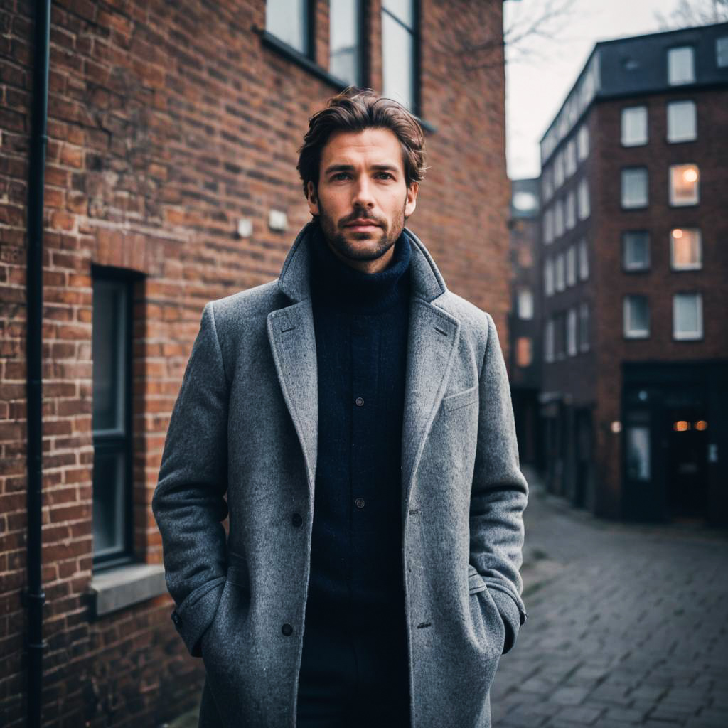 Stylish Man in Grey Overcoat on Cobblestone Street