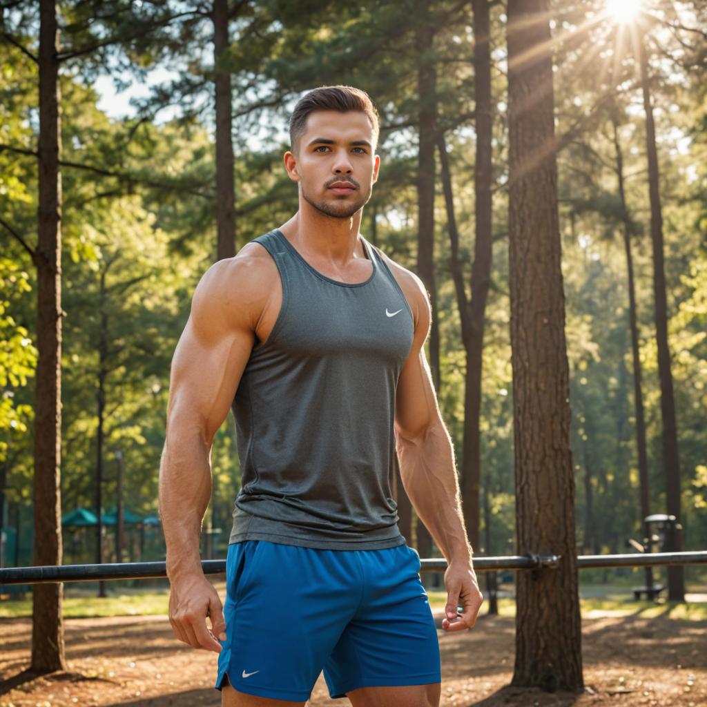 Fit man showcasing biceps in sunlit outdoor setting