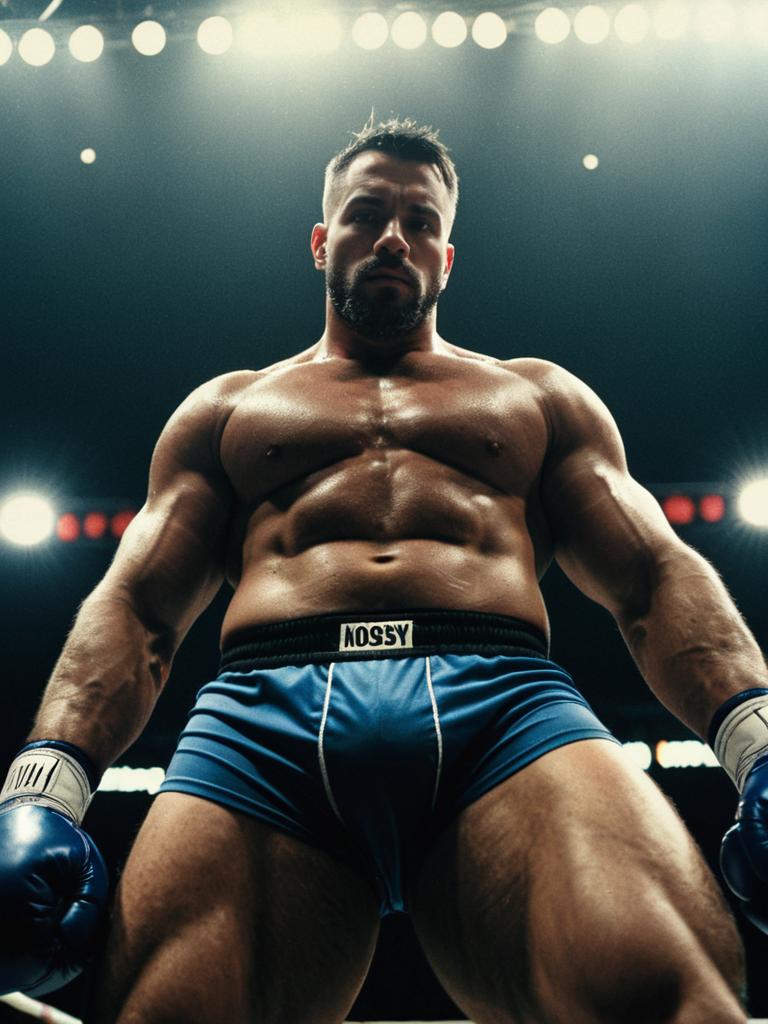 Muscular Boxer Man in Cinematic Realism Sports Shorts and Gloves