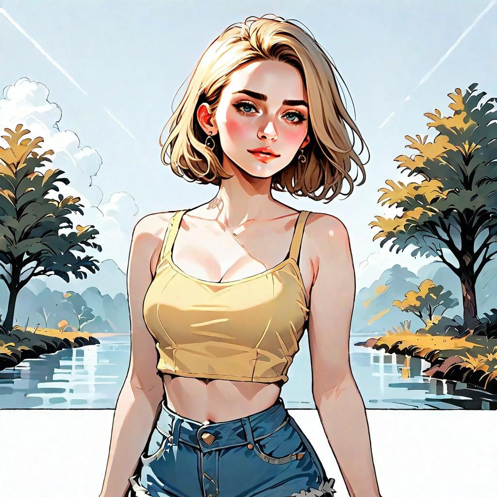 Anime Style Illustration of Young Woman in Yellow Crop Top by Water
