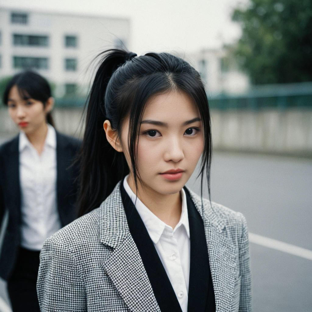 Young Woman in Checkered Blazer with Calm Expression Young Woman in Checkered Blazer with Calm Expression