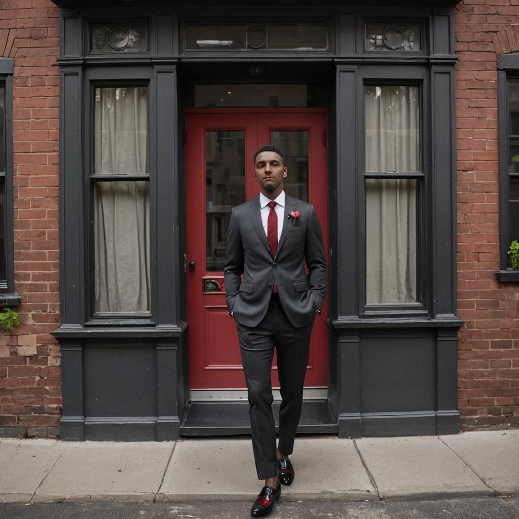 Stylish man in tailored suit near red door