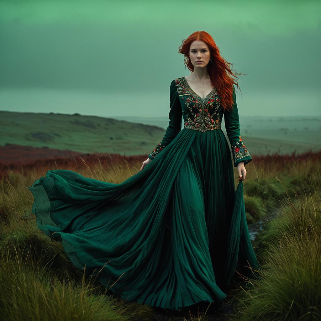 Red-Haired Woman in Embroidered Green Gown in Moody Landscape