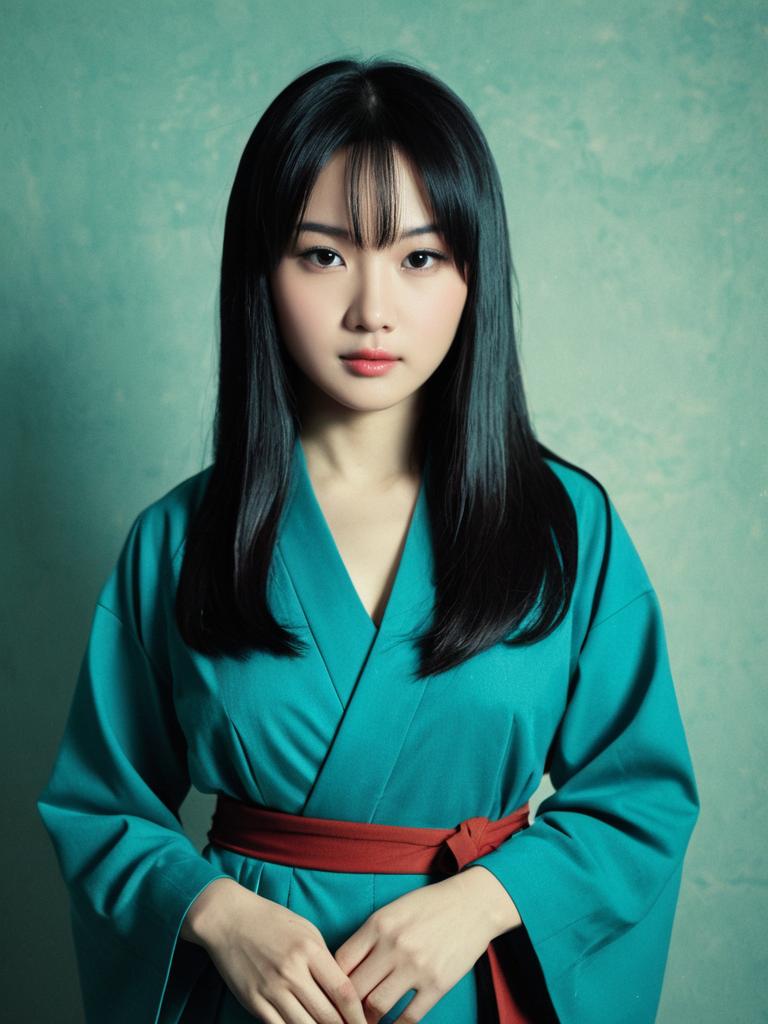 Elegant Woman Wearing Traditional Teal Kimono with Red Sash