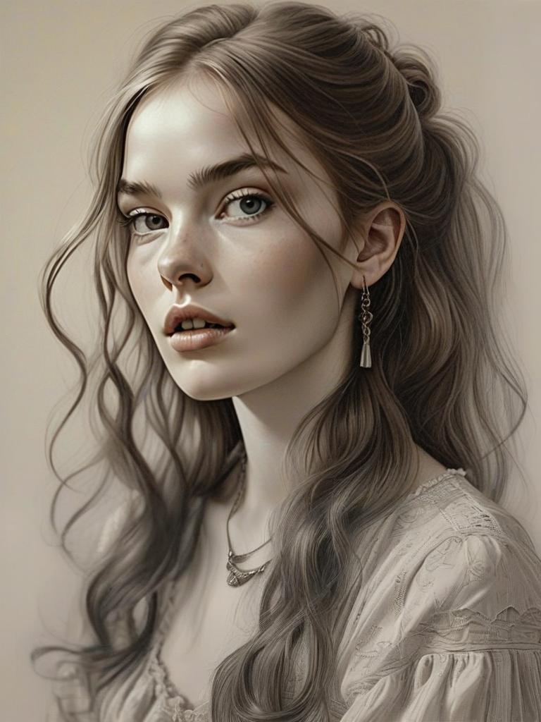 Digital Portrait of a Young Woman in Lace Blouse